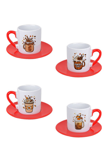 giftkonsept Autumn Themed Coffees No:5 Printed Colorful Handle 4-Piece Porcelain Turkish Coffee Cup Set