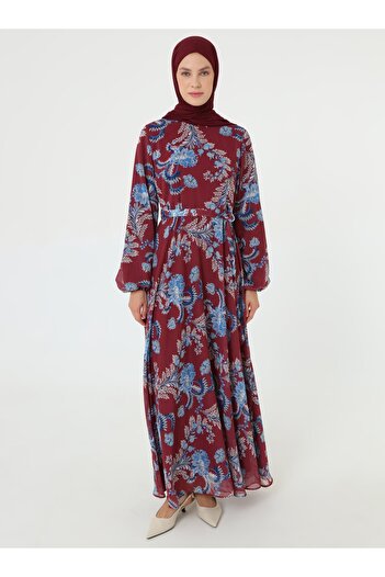 Refka Floral Patterned Hijab Dress with Tie Waist Detail - Burgundy Navy Blue -