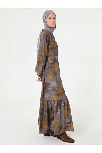 Refka Floral Patterned Brit Button Hijab Dress - Sari -