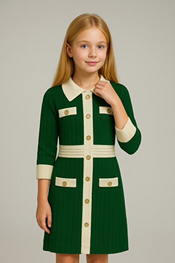 NEWCO Girl's Knit Fabric Belted Buttoned Dress – Contrast Collar and Pocket Design 10-16 Years