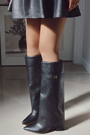 POLKA STORE Dust Tozluk Detailed Metal Buckle Heeled Below-Knee Pointed Toe Matte Leather Women's Boots