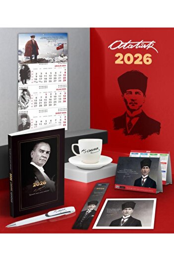 Halk Kitabevi 2026 Ататюрк Гази Паша Дневник - Стенен календар Сакария - Метална ролкова химикалка и чаша за кафе Signature