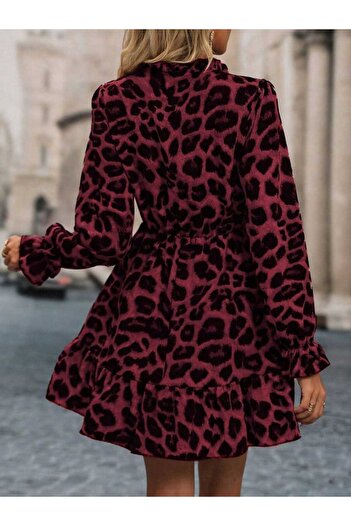 moda wanilia Kadın Yakası Bağcık Detaylı Leopar Desenli Mini Modal Elbise