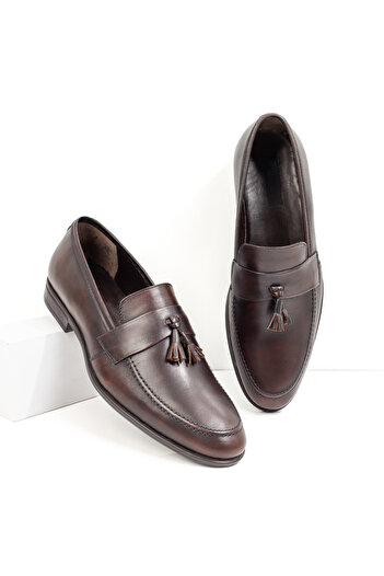 BMoD Men's brown leather loafers with fringes MOD08763