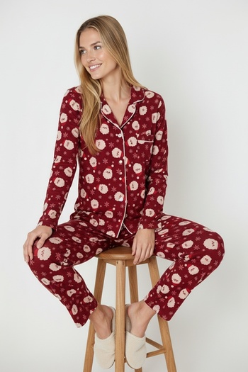 Bravie Luxury Soft Burgundy Christmas Patterned Long Sleeve Women's Pajama Set – 3026