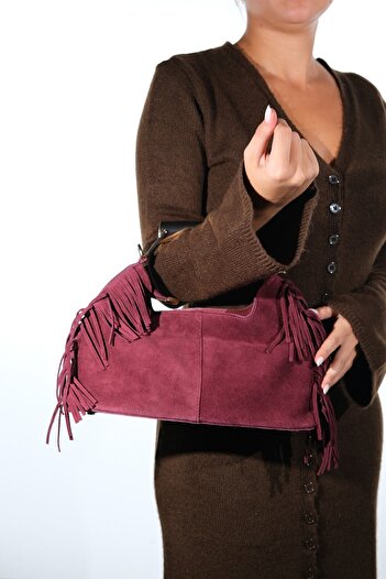 LuviShoes Astren Burgundy Suede Genuine Leather Tassel Women's Shoulder Bag