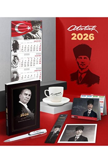 Halk Kitabevi 2026 Ататюрк Гази Паша Дневник - Календар за стена с полумесец и звезда - Метална ролкова химикалка и чаша за кафе с подпис