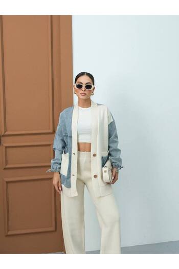 HSNGIYIM Denim Detailed Knitwear Cardigan