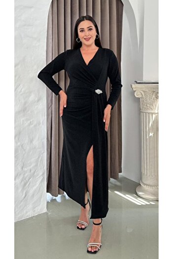 Butik Nilyam Women's Plus Size Double Breasted Collar Long Sleeve Brooch Detail Slit Buzzy Stretchy Evening Dress 25039 Black