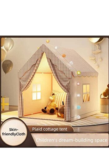 CUNUUDOOL Kids Play Tent Indoor, Kids Playhouse Set With Cotton Ball Light, Colorful Flags, Brown St