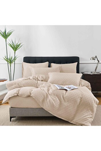 OEM Bed linen, 2 persons, finet, knitted pattern, 4 pieces, with elastic, plain, cream, LELT103