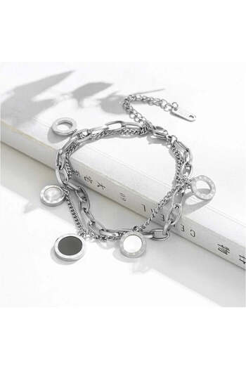 Pursehuit Silver-plated, stainless steel bracelet, 2 layers, with round pieces, 18k gold-plated, Demian C2