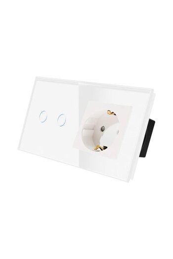 Bingoelec Switch 4M (2+2M) with 2 staircase/cross buttons and Shuko socket with glass frame, White color