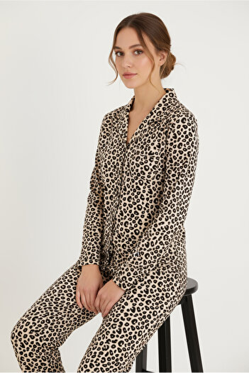 Bravie Luxury Soft Beige Leopard Patterned Long Sleeve Women's Pajama Set – 3062