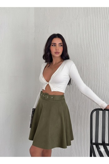 Ozy Fashion Women's Khaki Color Midi Length Belted Suede Flared Skirt