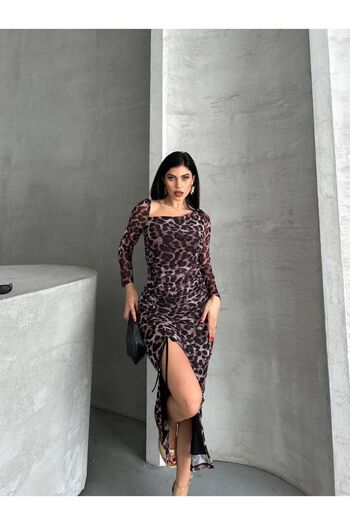 7FİL Γυναικείο φόρεμα Mistix Leopard Tulle με ανοιχτό ώμο με μήκος μίντι