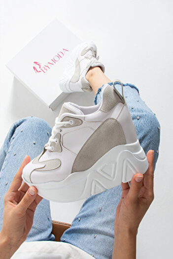 Bymoda New Season White Hidden Wedge Heeled Sports Shoes Total Height 10 cm