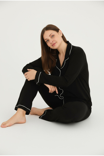 Bravie Luxury Viscose Black and White Piping Women's Long Sleeve Plus Size Pajama Set – 42501