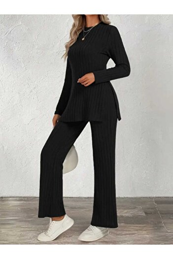 Kokosh moda Women's Crew Neck Side Slit Ruched Camisole Blouse Pants Two-Piece Set