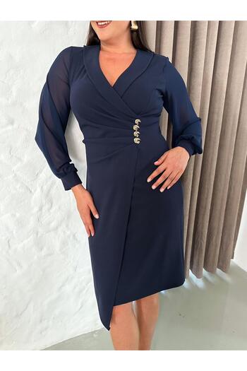 Butik Nilyam Women's Plus Size Double Breasted Collar Long Sleeve Button Brooch Detail Asymmetrical Cut Midi Stretchy Evening Dress 25042