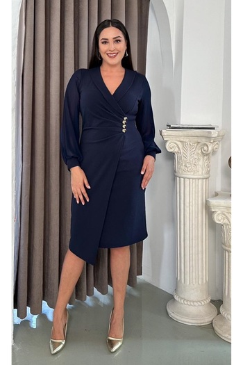 Butik Nilyam Women's Plus Size Double Breasted Collar Long Sleeve Button Brooch Detail Asymmetrical Cut Midi Stretchy Evening Dress 25042
