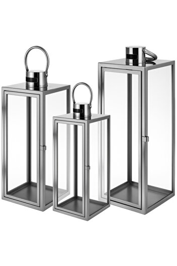 zola Set of 3 decorative glass lanterns, different sizes 63 / 49 / 38 cm, stainless steel, silver
