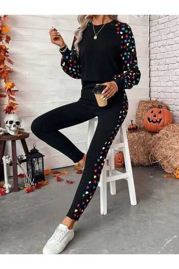 Kokosh moda Women's Crew Neck Patterned Viscose Two Thread Blouse Pants Two Piece Set