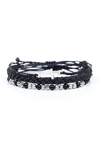 Velar Bracelets Set Bratari din Snur Cu Pietre Semipretioase Onix si Inox Cross (Reglabile)