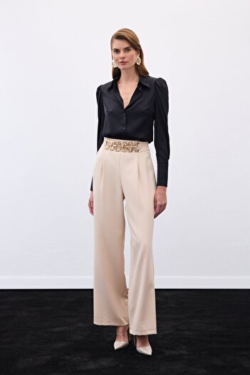 Sateen Belted Casual Trousers - Beige