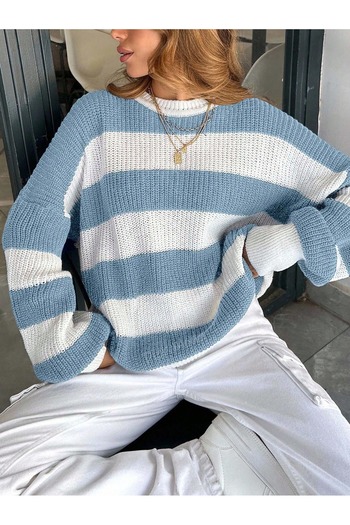 Dier Moda Women's Crew Neck Striped Oversize Knitwear Dress Sweater, Sweater Fmoda602