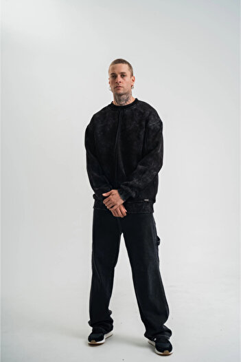 Kanonik Education Unisex Crew Neck Special Dirty Stitched Washable Sweatshirt - Black