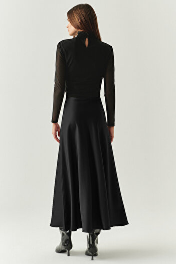 Exquise High Waist Grosgrain Detailed Satin Regular Midi Skirt with Side Zipper