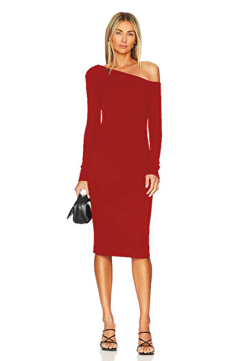 AFR CLOTHES Women's Double Layer Jersey Fabric Off-Shoulder Midi Dress