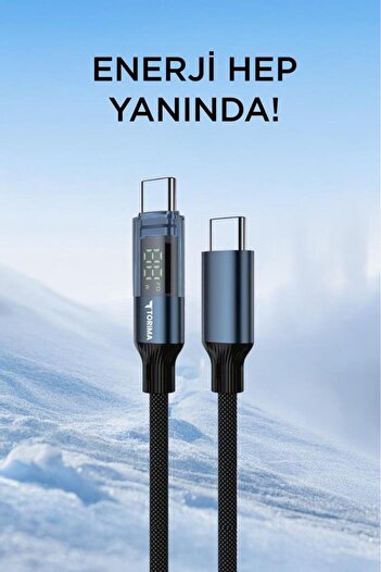 Torima U22 Siyah Type-C to Type-C 60W Hızlı Şarj Kablosu – LED Ekranlı, Dayanıklı Örgü Kablo