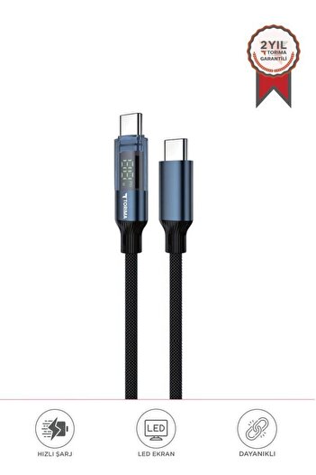Torima U22 Siyah Type-C to Type-C 60W Hızlı Şarj Kablosu – LED Ekranlı, Dayanıklı Örgü Kablo