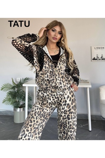 Tatu New Season Mesh Sleeve Detailed Leopard Three-Piece Set