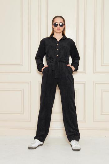 Kutaf Women's Button Detailed Belted Velvet Jumpsuit - Black