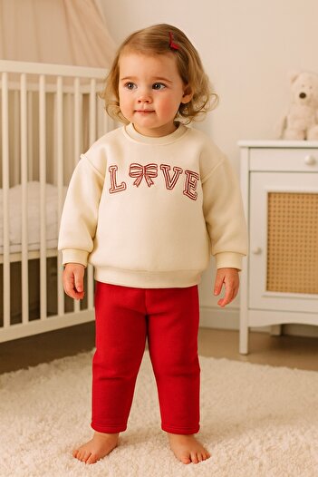 dinamik çocuk Baby Girl Love Embroidered 2-Piece Set Sweatshirt and Sweatpants 3-Thread Ribbed Winter 6-24 Months