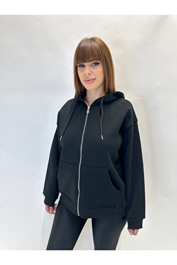 IFASTFASHION Women's sweatshirt with zipper and hood - casual model available in black, white and gray for autumn-winter