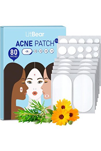LitBear Letibar Acne Patches, 5 Sizes, 80 Patches for Face, Chin & Body with Tea Tree Oil