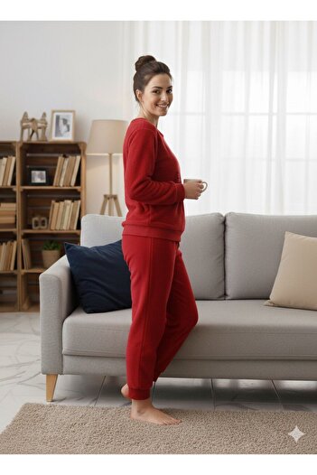 FAMES PİJAMA Women's Red Fleece Pajamas Set