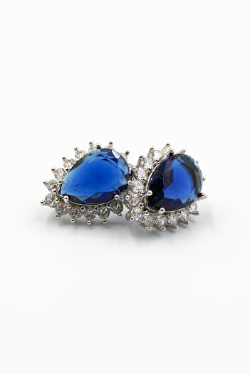 Sose Moda Navy Blue Zircon Stone Drop Model Evening Dress Earrings - Stylish Earrings in Shiny Silver Color
