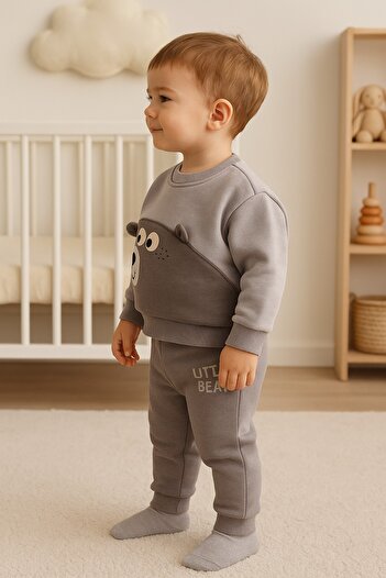 dinamik çocuk Baby Boy Little Bear Teddy Bear Detailed 2-Piece Set 3-Piece Winter Sweatshirt and Bottoms 100% Cotton 6-24 Months