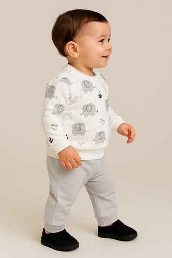 dinamik çocuk Baby Boy Elephant Patterned 2-Piece Set Sweatshirt and Sweatpants 6-9-12-18Months