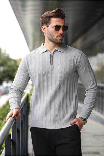 Madmext Gray Half Zip Polo Neck Knit Sweater E7426