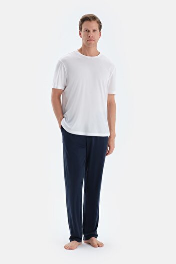 Eros Navy Blue Patten Detailed Straight Leg Trousers