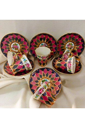 BY.RAYKA PORSELEN El Dekor Porcelain Hand Painted 6 Piece Coffee Cup Set