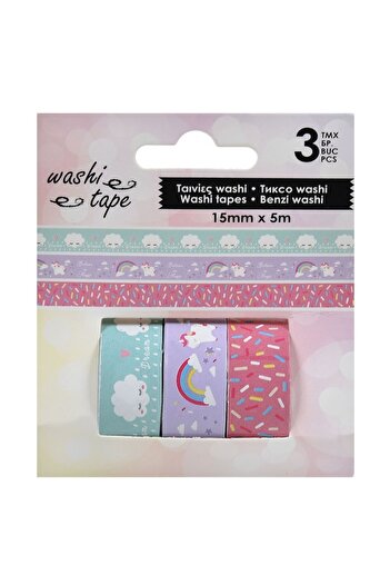 OEM Set Benzi Adezive Washi Tape, Model Curcubeu-Nori-Confetti, Multicolor, 5m x 1.5cm, 3 Bucati