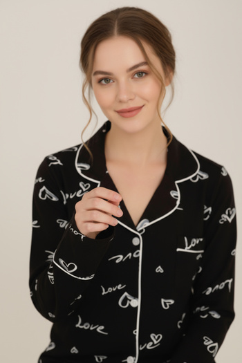 Bravie Luxury Viscose Black Love and Heart Patterned Women's Long Sleeve Pajama Set – 42572