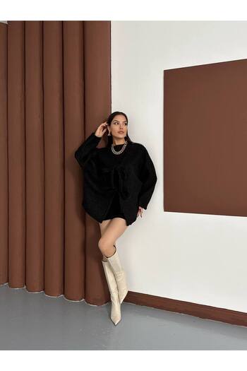 motix Gray Cashmere Coat with Bow